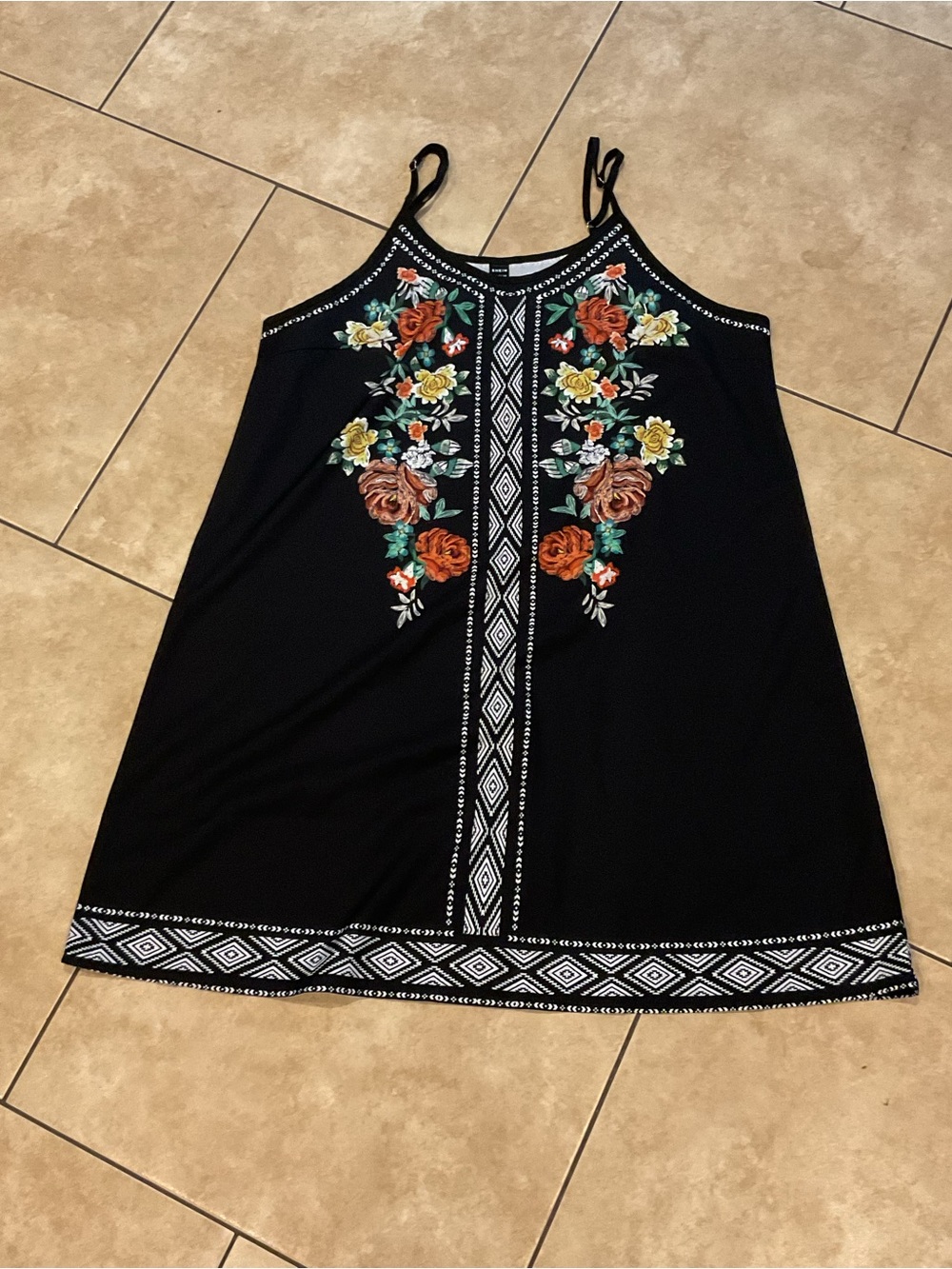 SHEIN Black Mini Dress with Multicolor Floral Embroidery